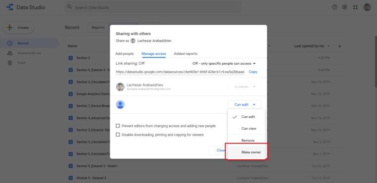 chuyển quyền sở hữu hoàn toàn với google data studio